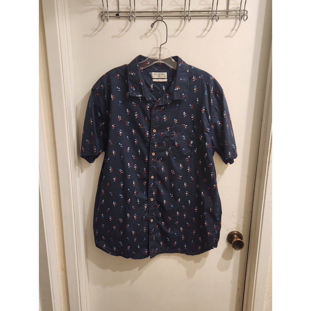 Billabong Mens Navy Blue Tropical Palm Tree Print Short Sleeve Button Down L